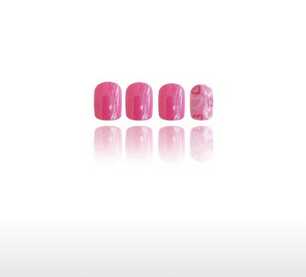 Pink White Heart Square Short Press-On Nails Shiny Pre-Designed Glue Included