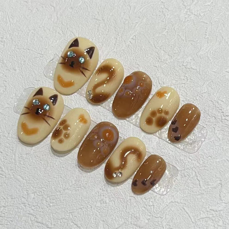 Handmade French Handpainted Cute Animal 3D Bow Fake Nail Short Press On Nail Set