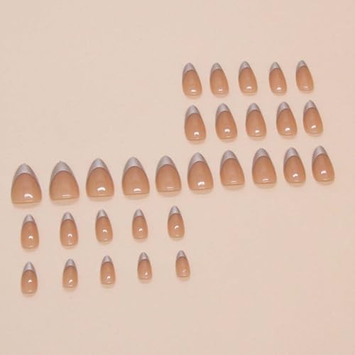 Silver French Tip Press on Nails Medium Almond Fake Nails Silver Short Style-40