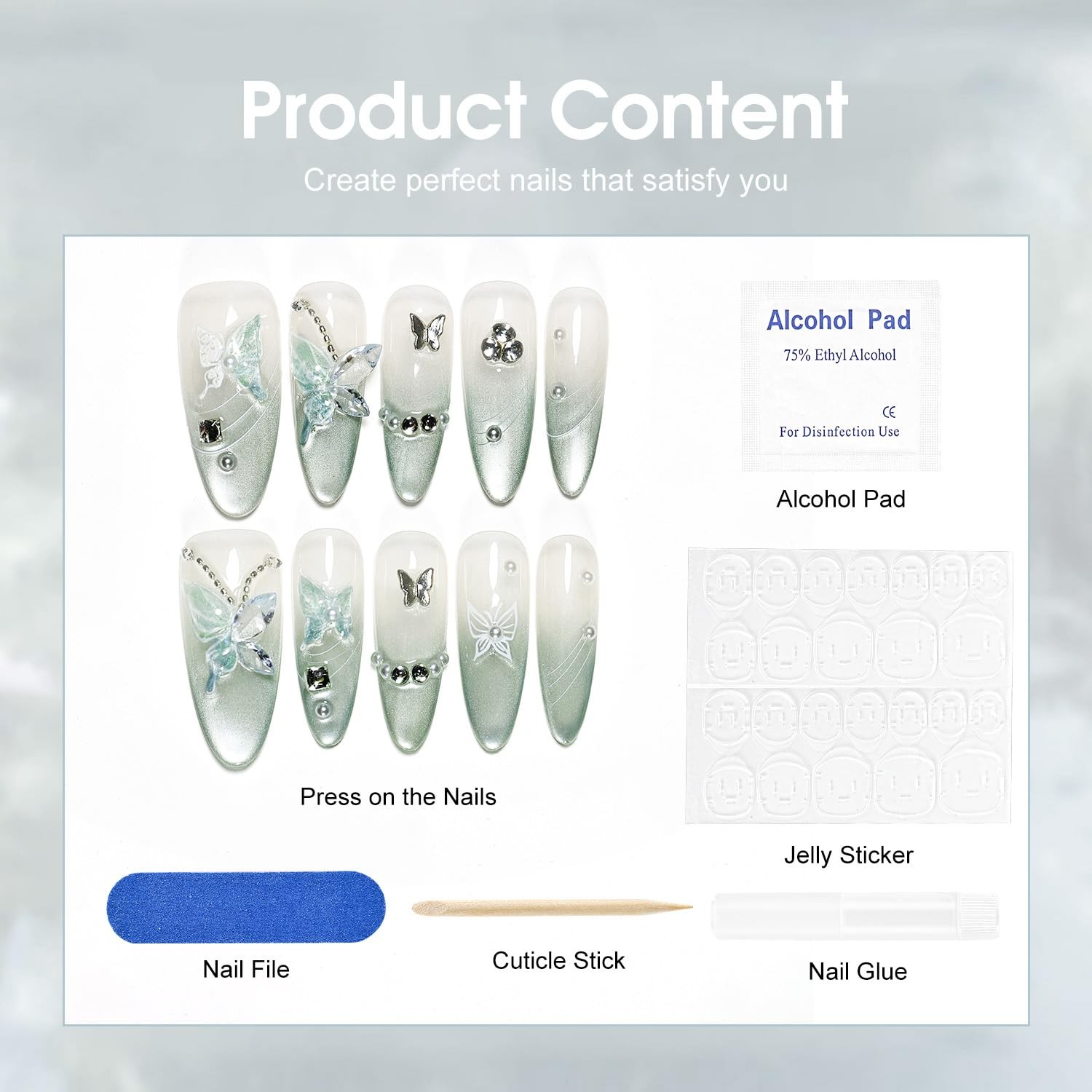 Press on Nails Butterfly Almond Shape Cat Eye Handmade 3D Fake Nail Tips Reus…
