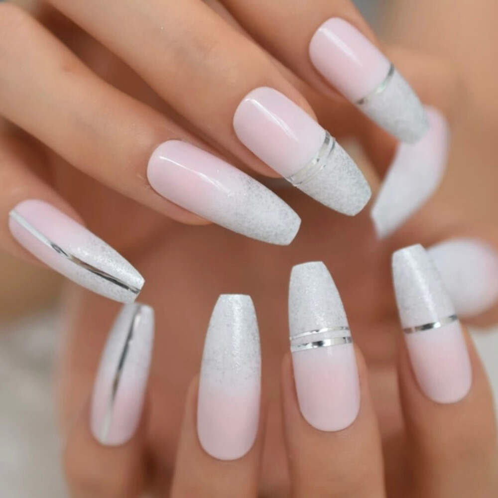 Pink Ombre French Tip Square Coffin Extra Long Fake Acrylic False Press On Nails