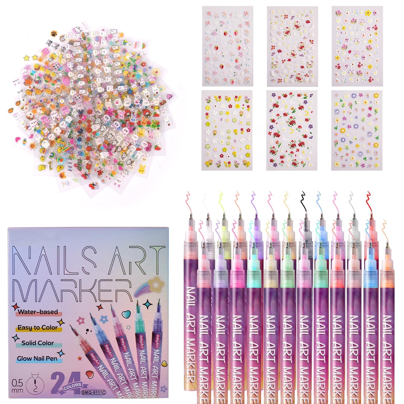 24 Colors Nail Art Pens Set – 0.5mm Fine Tip, Non-Toxic Waterproof Markers for D