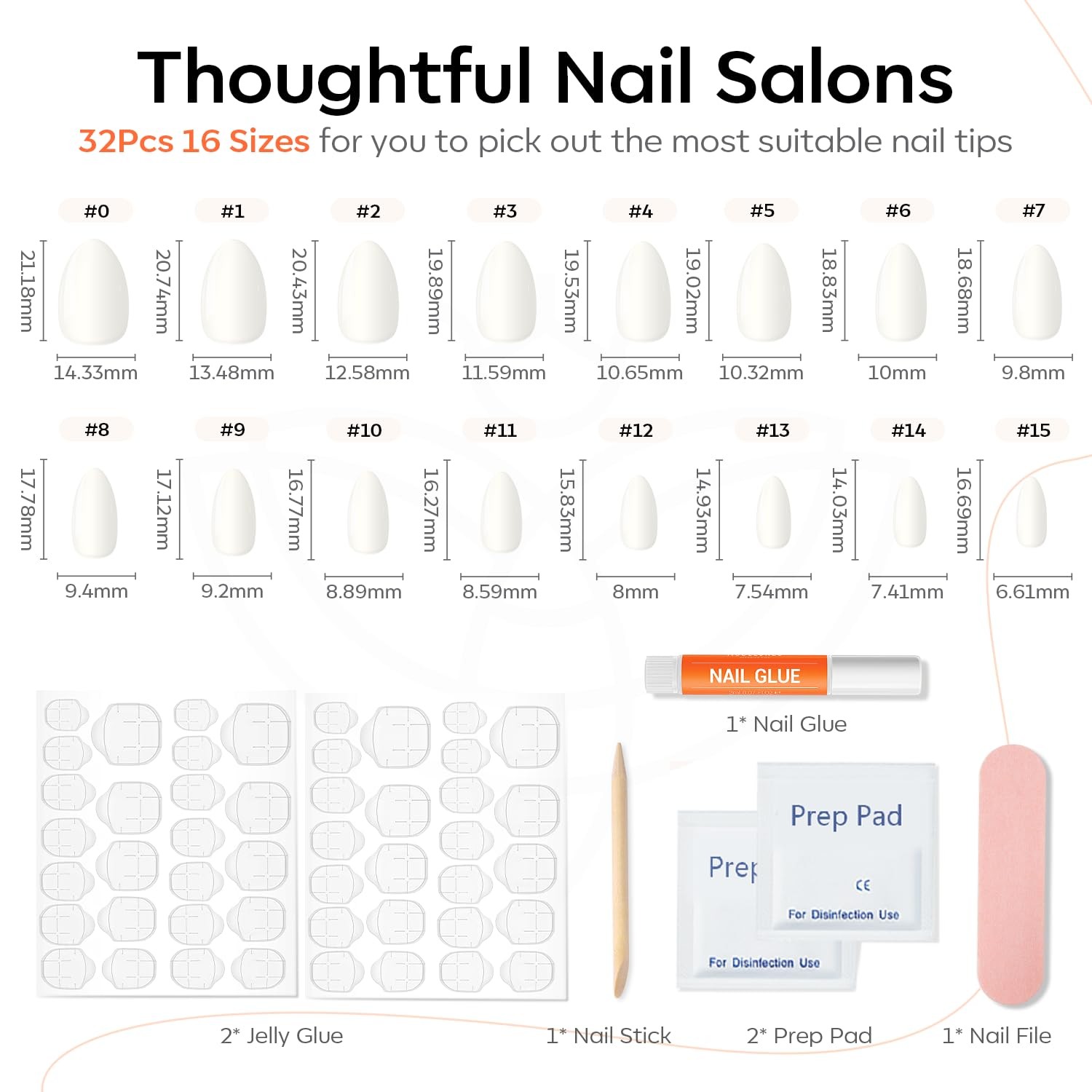 Milky White Press on Nails Short Almond 32Pcs 16 Sizes Fake Nails | Nails