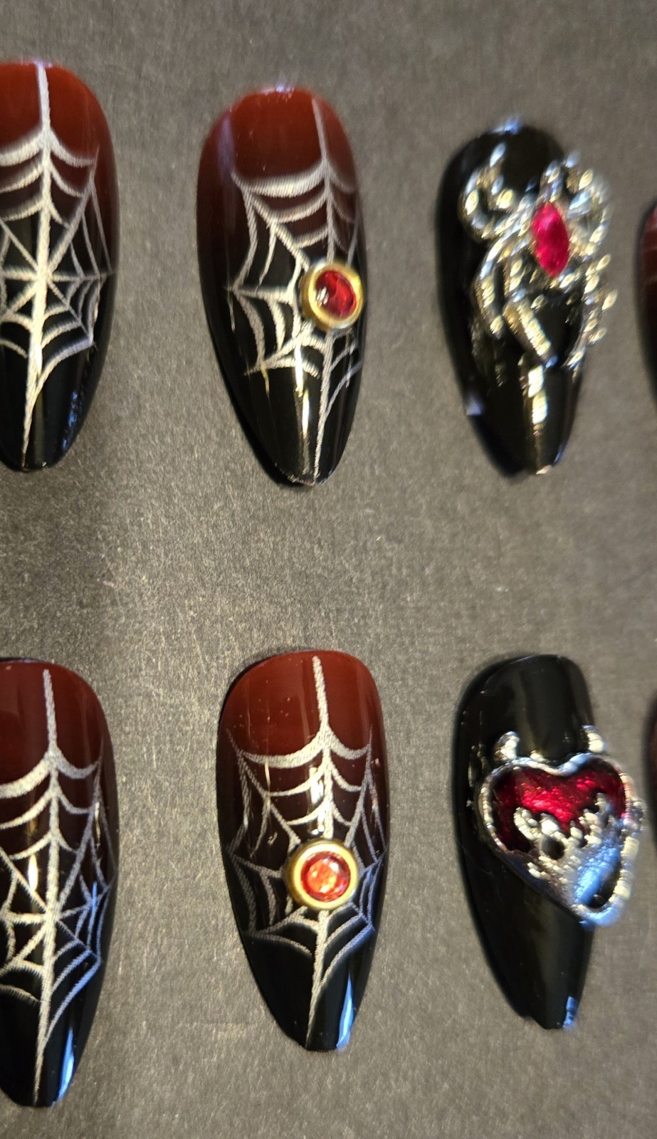Black Red Silver Spiders Webs Red Gemstones Press On Nails Halloween Decorated