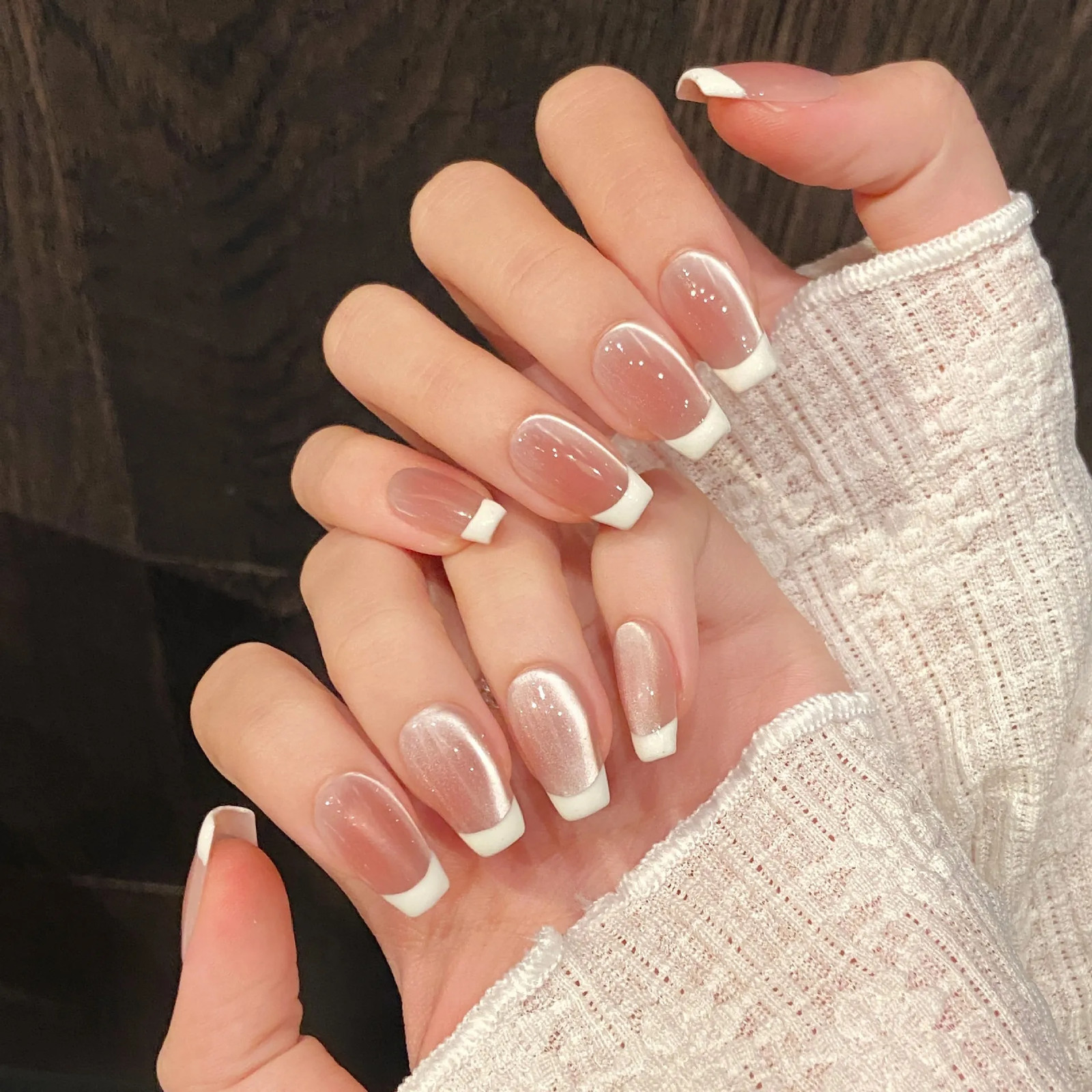 10Pcs Handmade French Cat Eye Press on Nails Ins Simple Nude Pink Sweet Girl Fak