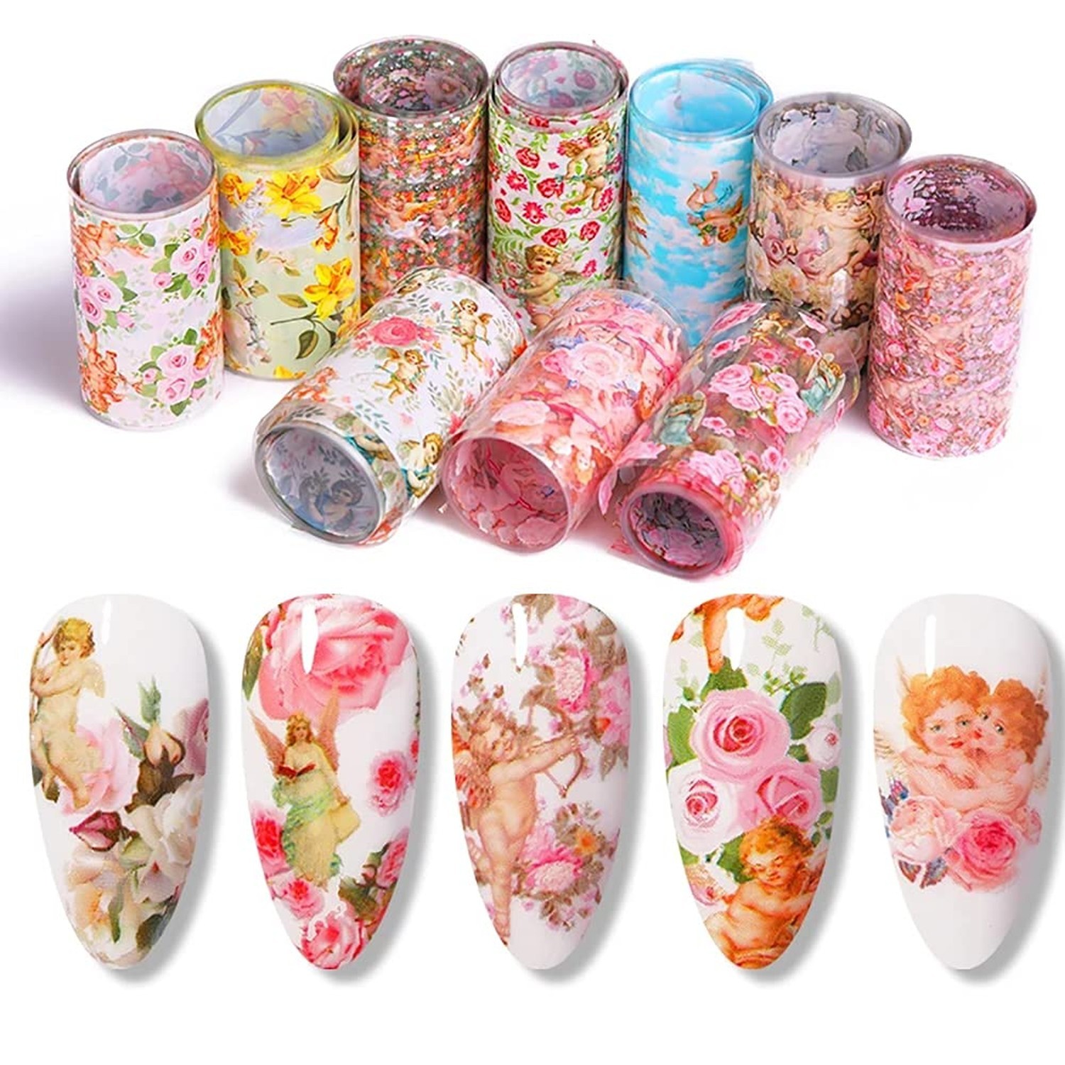 Nail Foil Transfer, DANNEASY 10 Sheets Angle Cupid Flower Design Nail Sticker…
