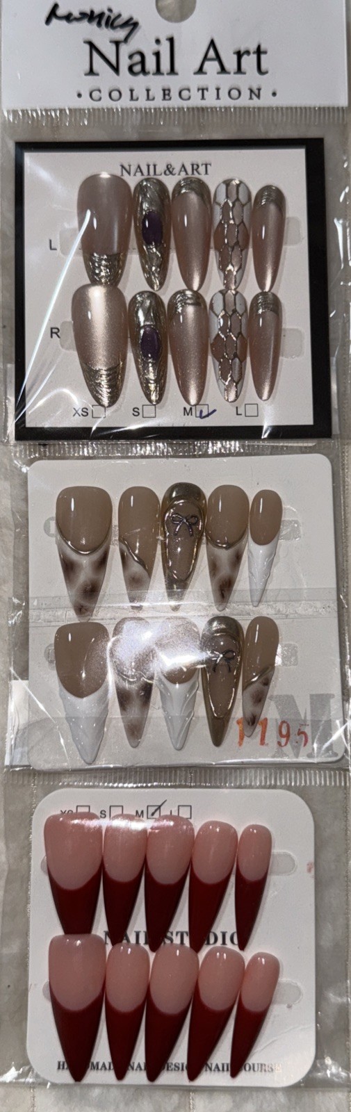 3 Packs Of 10pcs Stiletto Press On nails, 3D Unique Designs, Size M, Reusable 15