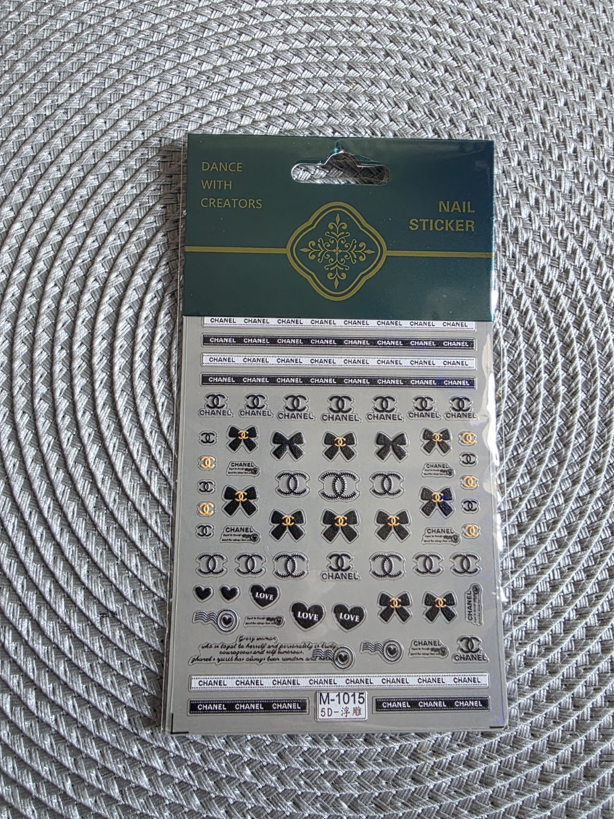 5D Embossed Nail Art Stickers Set of 4 Luxury Fashion Brand Decals Gold Black