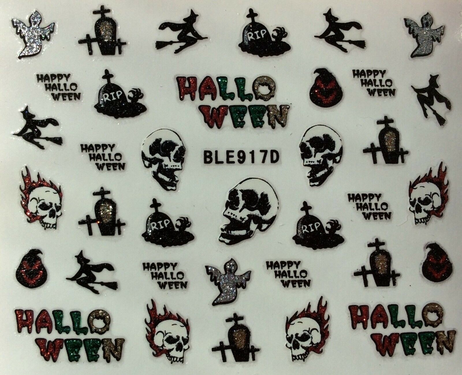 Nail Art 3D Glitter Decal Stickers Halloween Skull Witch’s Grave BLE917D