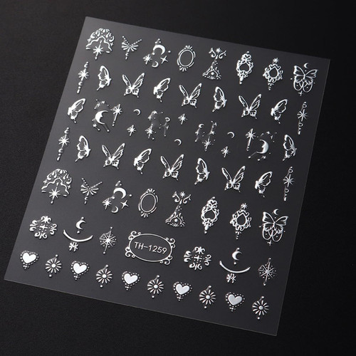 6 Sheets Metallic Nail Art Stickers Decals-3D Self-Adhesive Sun Stars Silver