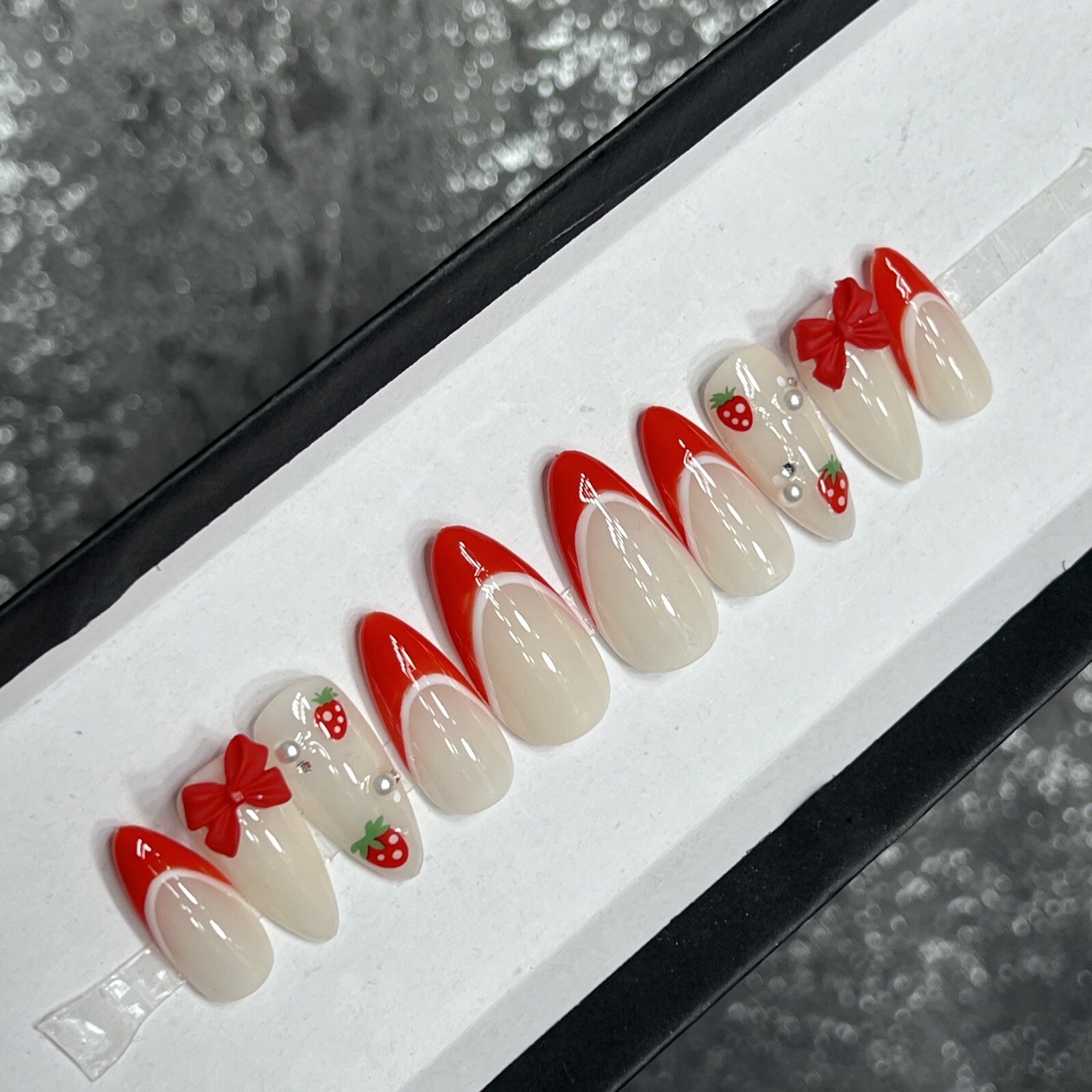🍓 CUSTOM Hard Gel Press On False Nails, Strawberry 10p Set Medium Almond W Kit