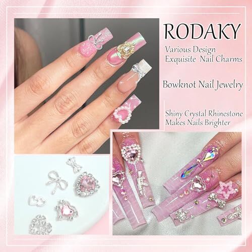32PCS Bow Nail Charms 3D Silver Heart Shape Nail Art Charm Silver&Pink Bow