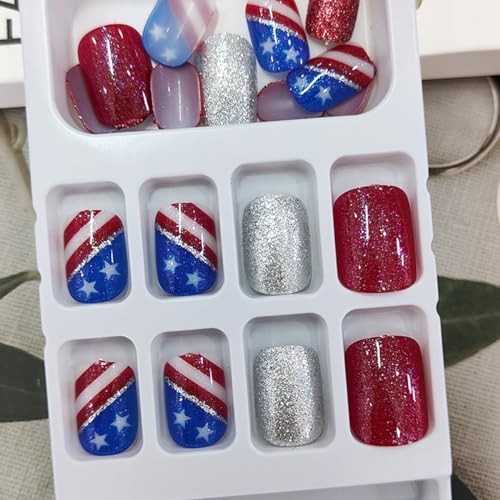 4th of July Press on Nails Short Fake Nails Red Blue White American USA Flag 1