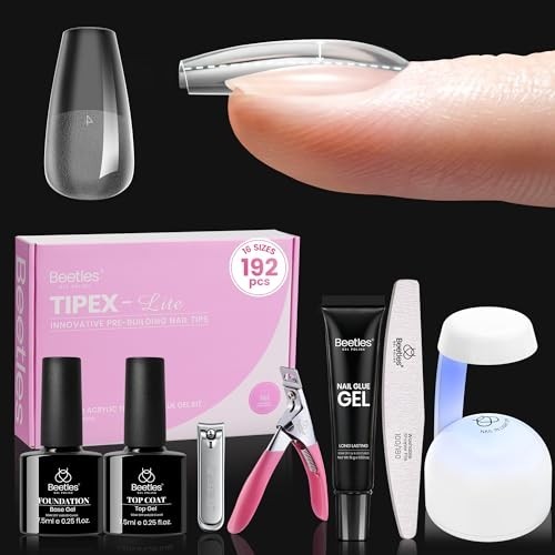 192pcs Coffin Nail Tips Kit – Short Pre-Built Acrylics, UV Glue, Mini Lamp & Too