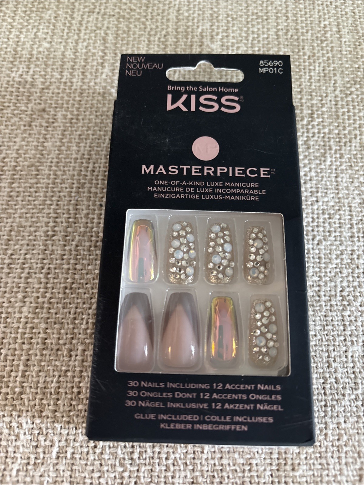 Kiss Fake Nails Masterpiece Luxe Manicure Bling Crystals Mauve Gold Glitter NIB