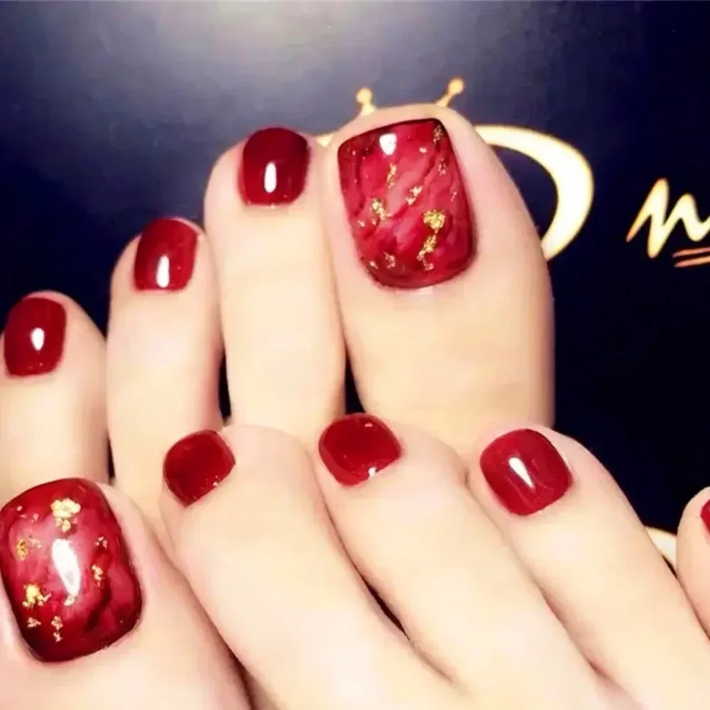 24pcs Sequins Full Cover Short Square Artificial Fake Toenails for Women Foot