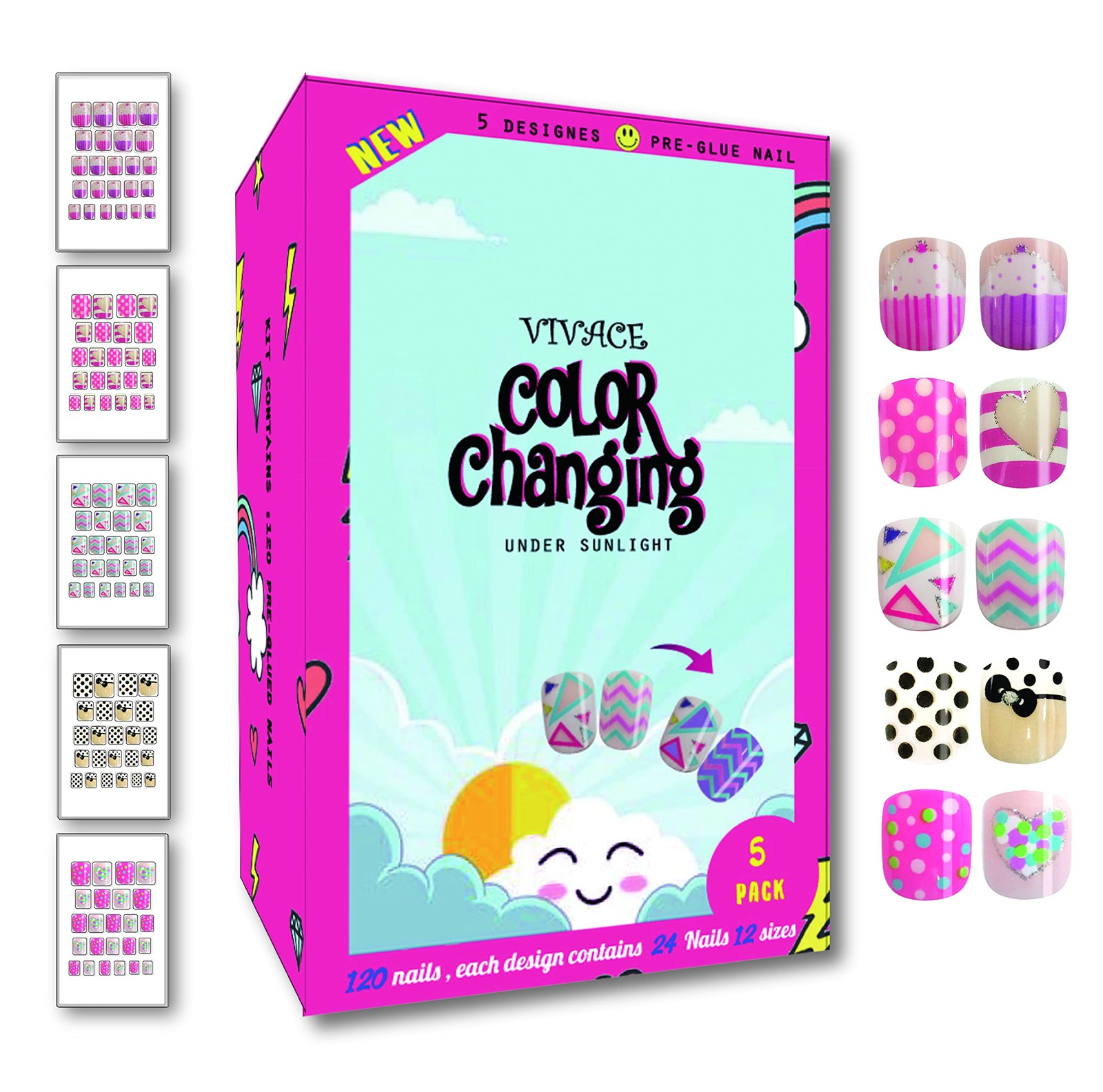 5PACK 120tips Artificial Preglued Junior Sticker Nails For (Color Changing)