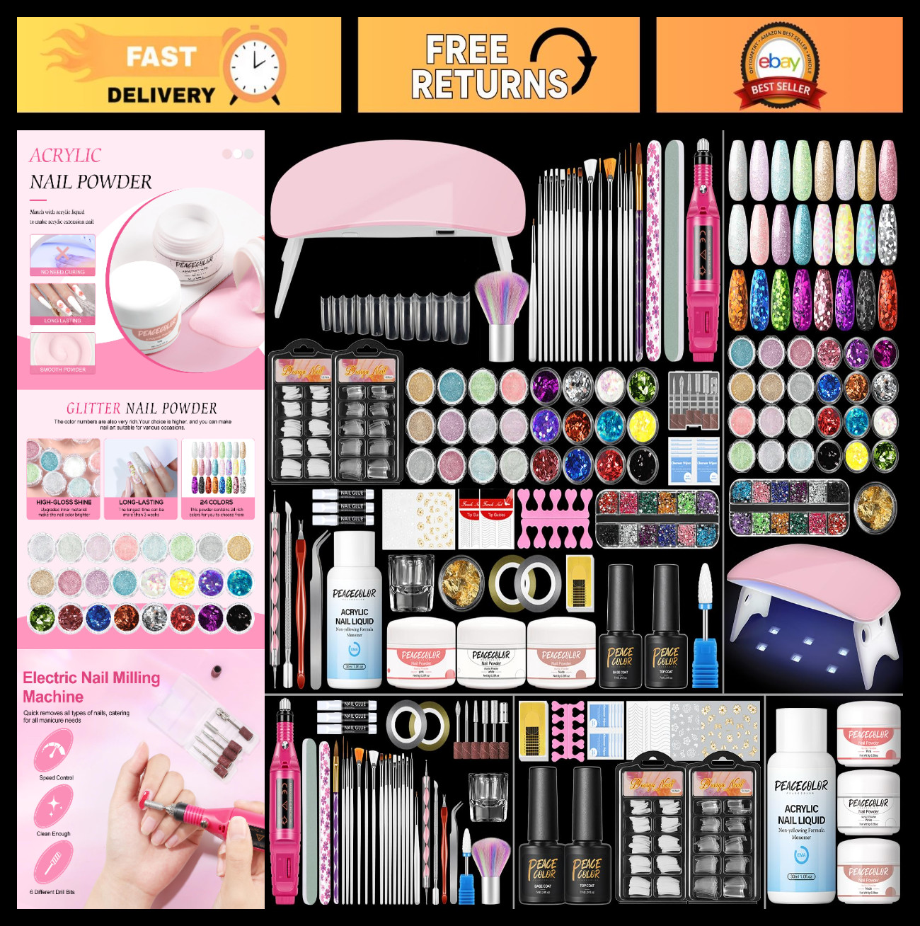 Professional Acrylic Nail Kit with Drill & UV Light – 3PC Powder, 24PC Glitter,