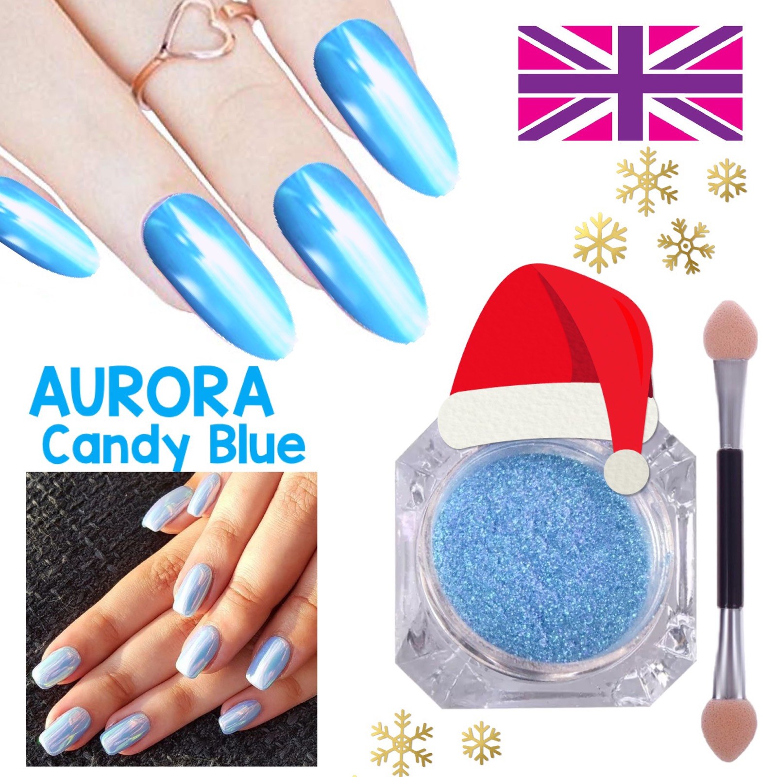 Aurora Candy Light Blue Chrome Nail Powder Pastel Unicorn Mirror Rainbow Effect