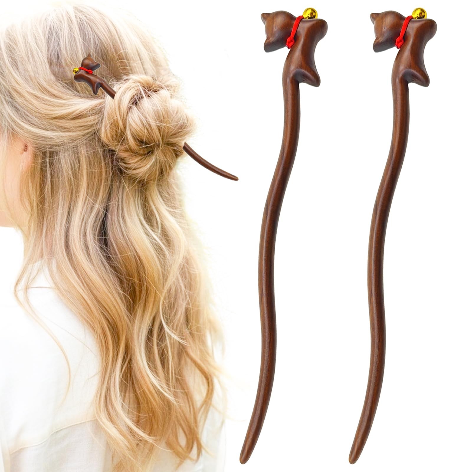 Capiant 2 PACK Wooden Hair Sticks with Cute 1 Count (Pack of 2), yellow-brown