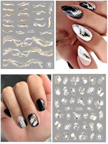 12 Sheets Nail Art Stickers Decals, Self-Adhesive White White Gold Marble Wave