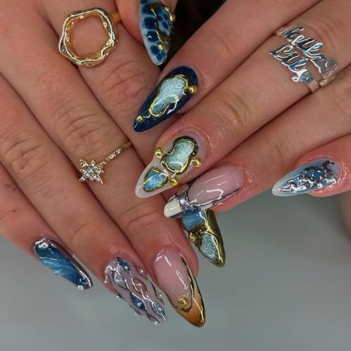 Almond Press On Nails Gold 3d Gold Glitter Ombre Design ​Date Night Nails Blue1