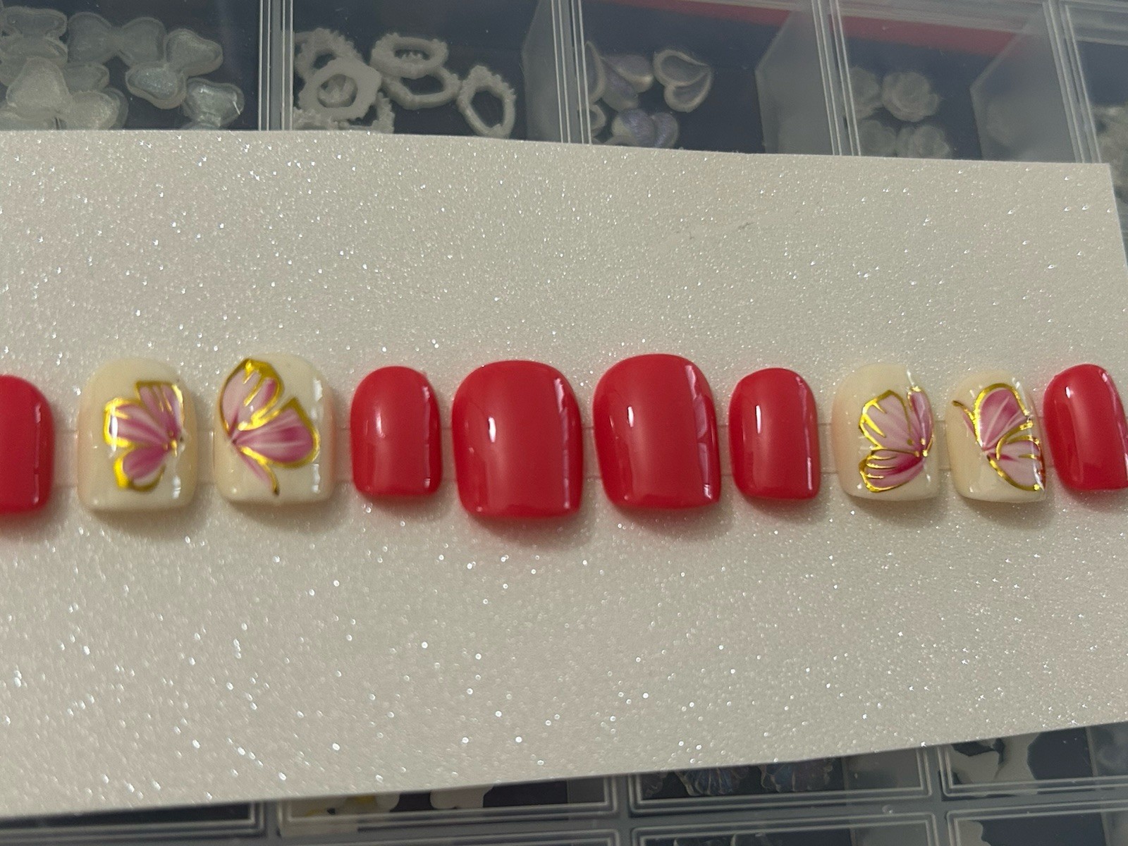 ✨Beautiful Summer Design Handmade Gel Press On Nails Coral Pink Square Short ✨