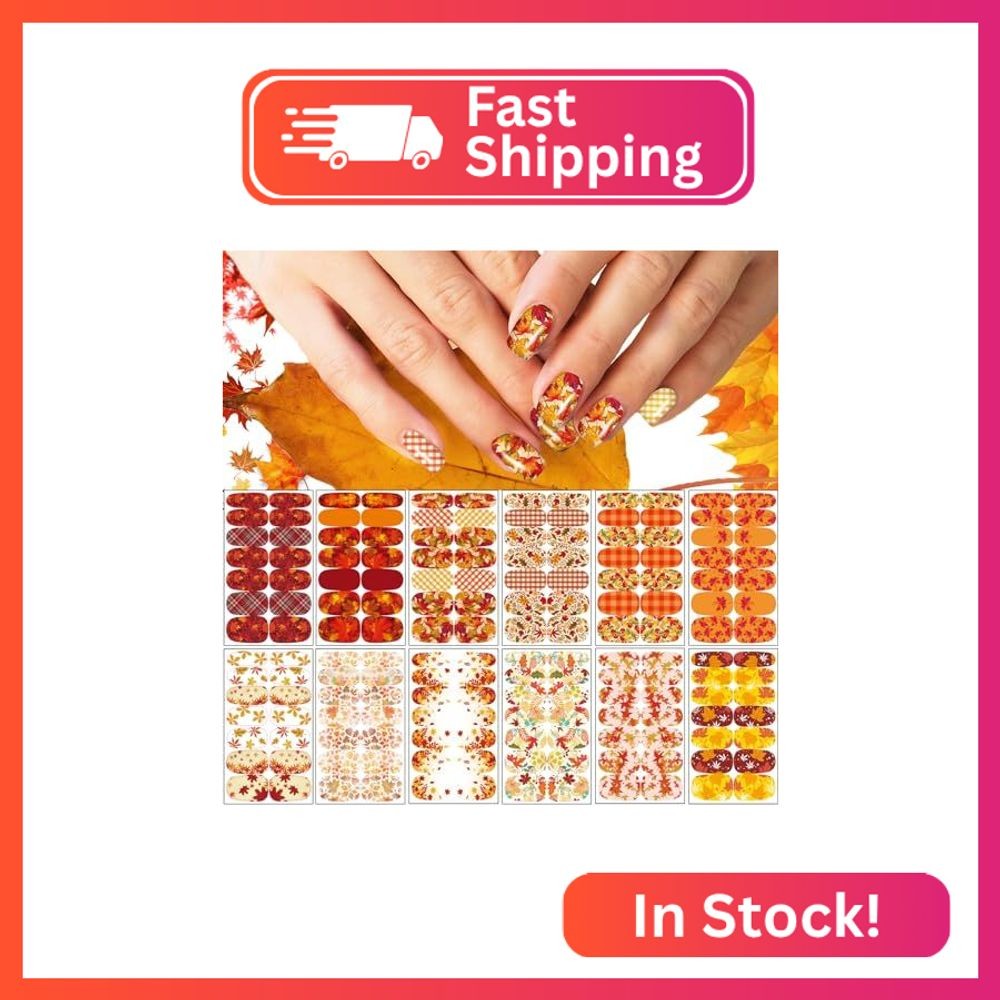 12 Sheets Fall Full Nail Wraps Stickers, Autumn Nail Polish Strips DIY Self-Adhe