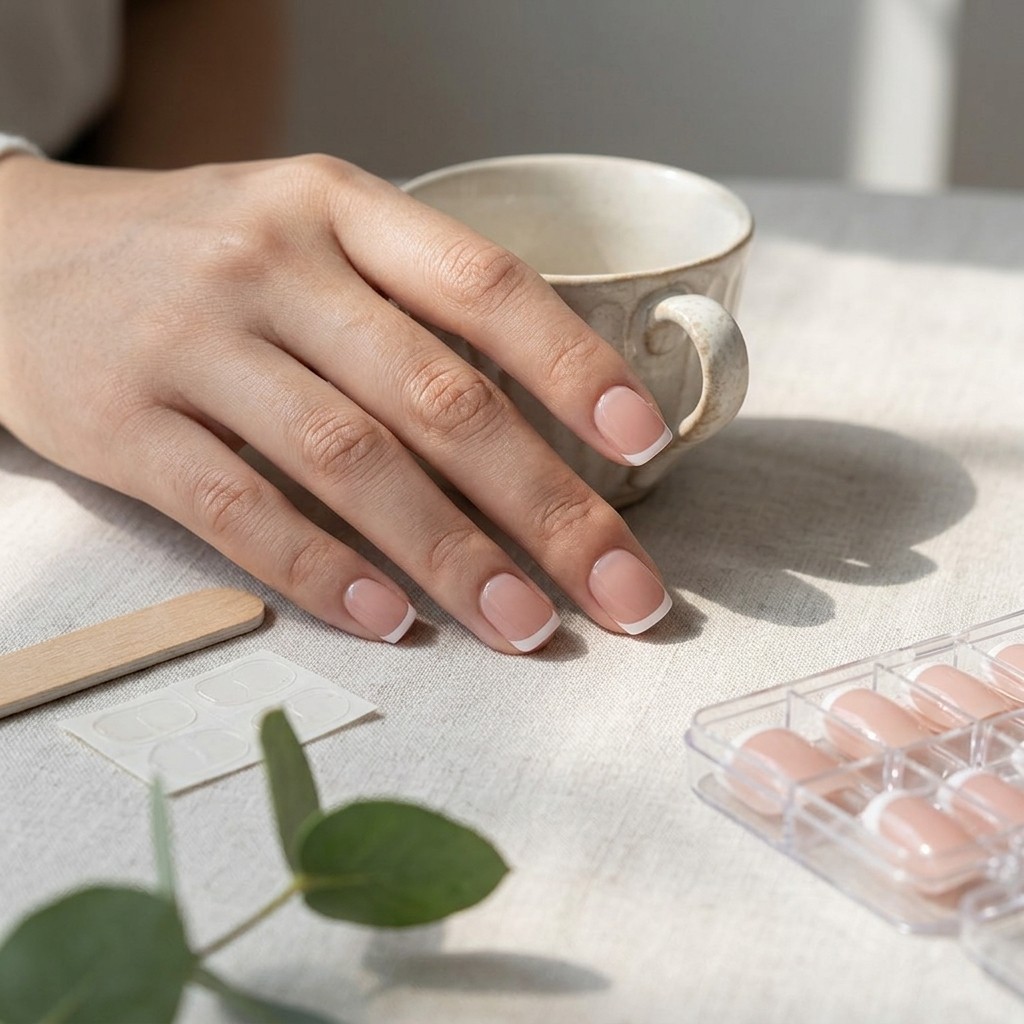 24Pcs Short Square French Tip Press On Nails Pink White False Nails