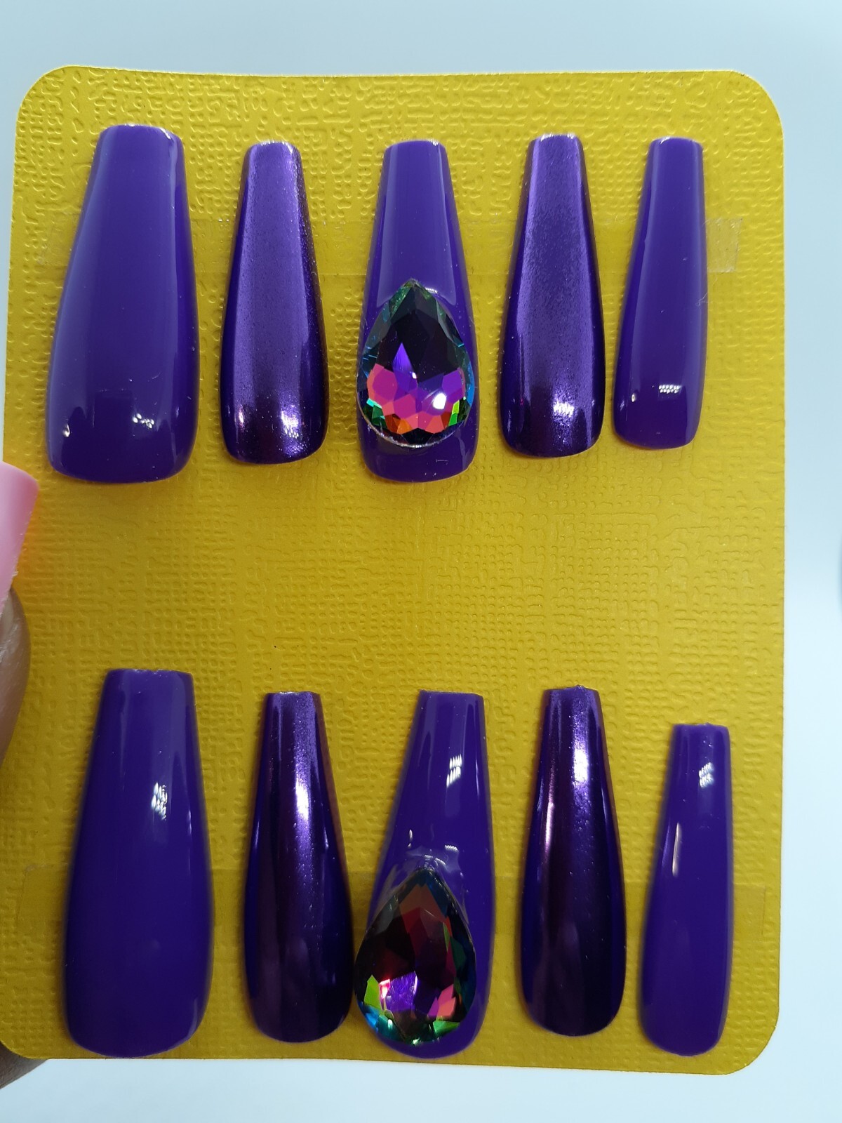 Purple Chrome 3D Rhinestone Bling Luxury Set Of 10 Long Press on Nails