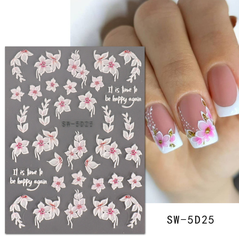 5D Embossed Pink Camellia Flowers Decals Nail Stickers Sliders Manicure SW5D25