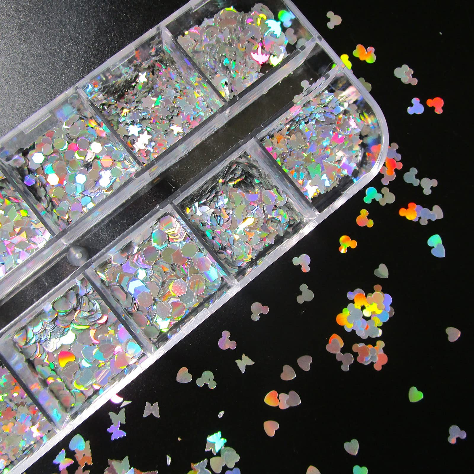 2 Boxes Holographic Silver Nail Glitters Sequins Butterfly Hearts Star Shape …