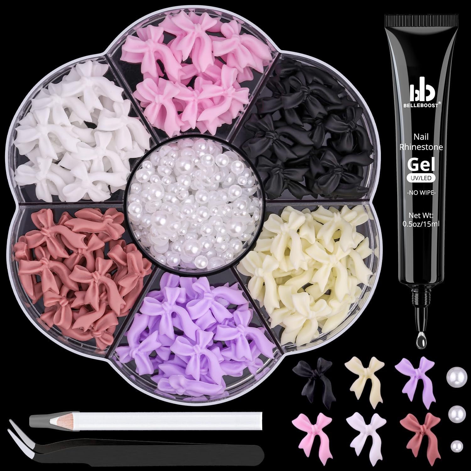 Colorful 3D Nail Bow Charms Set – 120 Pcs with Glue Gel & Pickup Tools Included