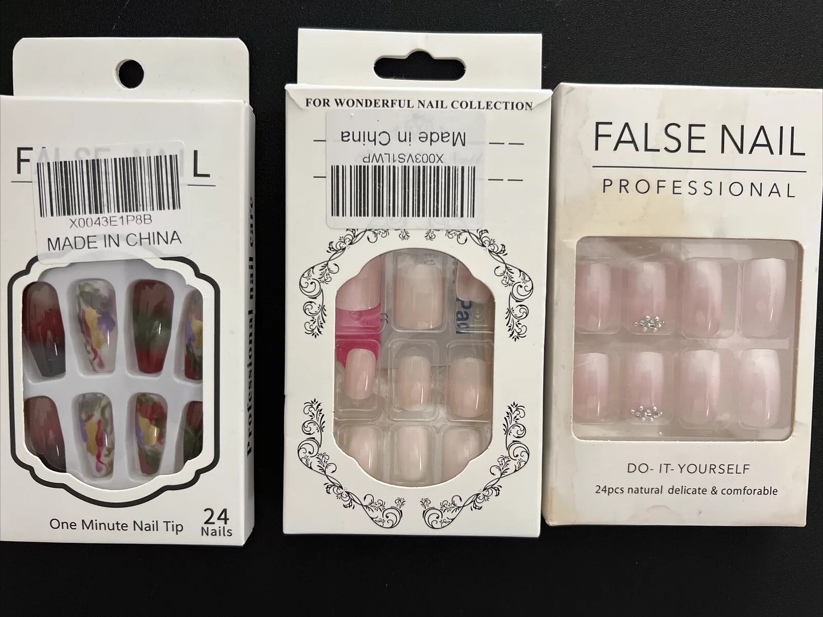 Lot 3 False Nail Sets Artificial Press On Glue Nails French Flames Swirl Pastel