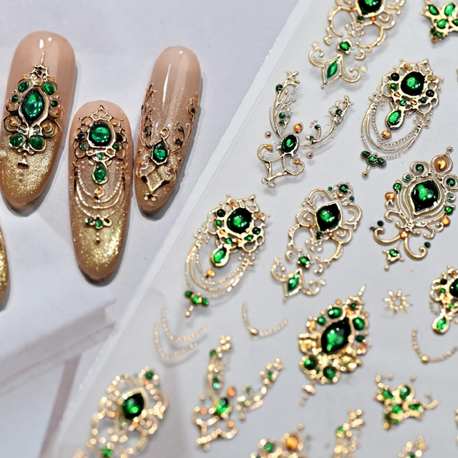 NBNTGH 5D Embossed Gemstone Nail Stickers Gold Art Green Mace