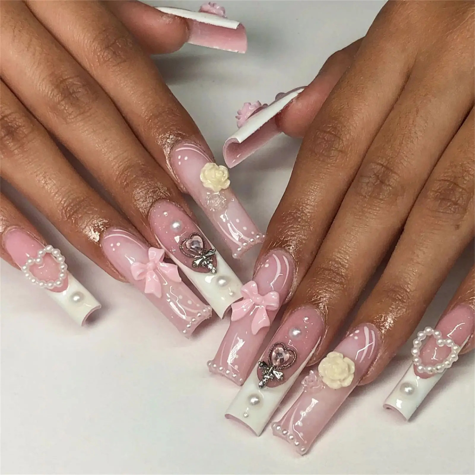 24Pcs French Bow 3D Flower Coffin Ballet Bride Press On Nails