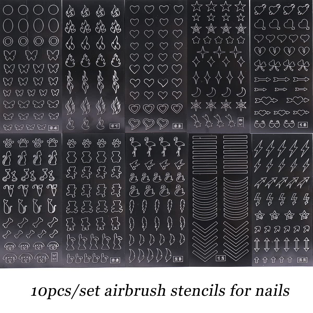 Airbrush Stencil for Nails 10 Sheets Heart Nail Charms Butterfly Bear Stars H…