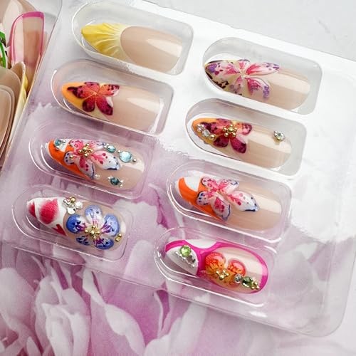 24Pcs Flower Press on Nails Medium Almond Fake Nails with 3D Colorful Spring