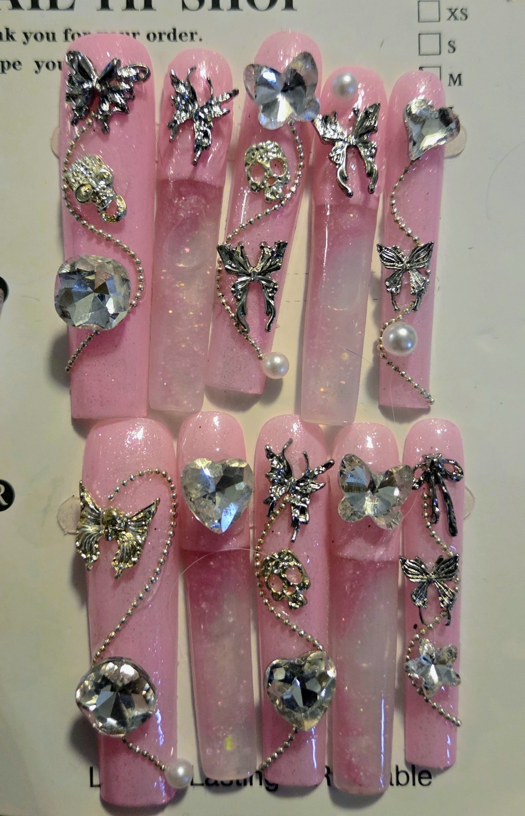 Handmade Extra Long Pink Aquarium Water Press on Nails-M