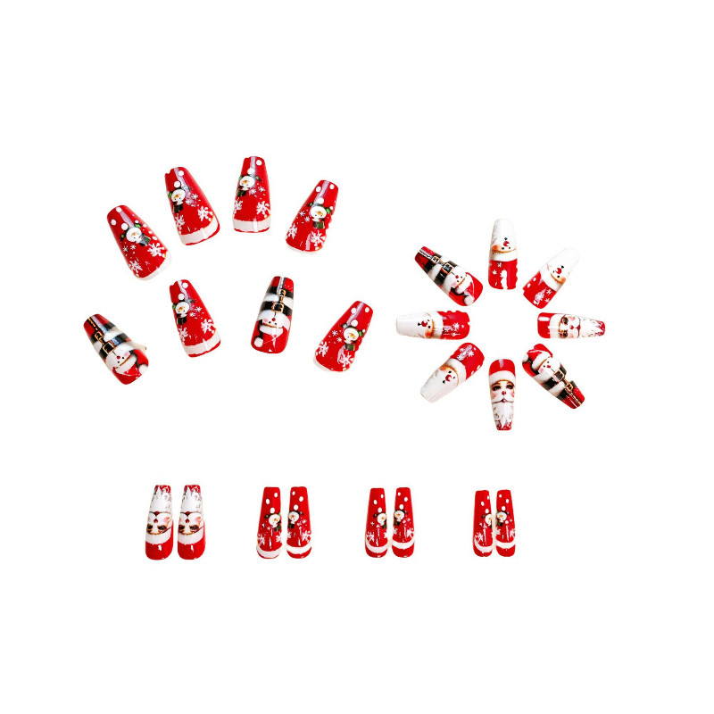 48P Long Coffin Press on Nails, Vintage Red 3D Santa Snowman Fake Nails