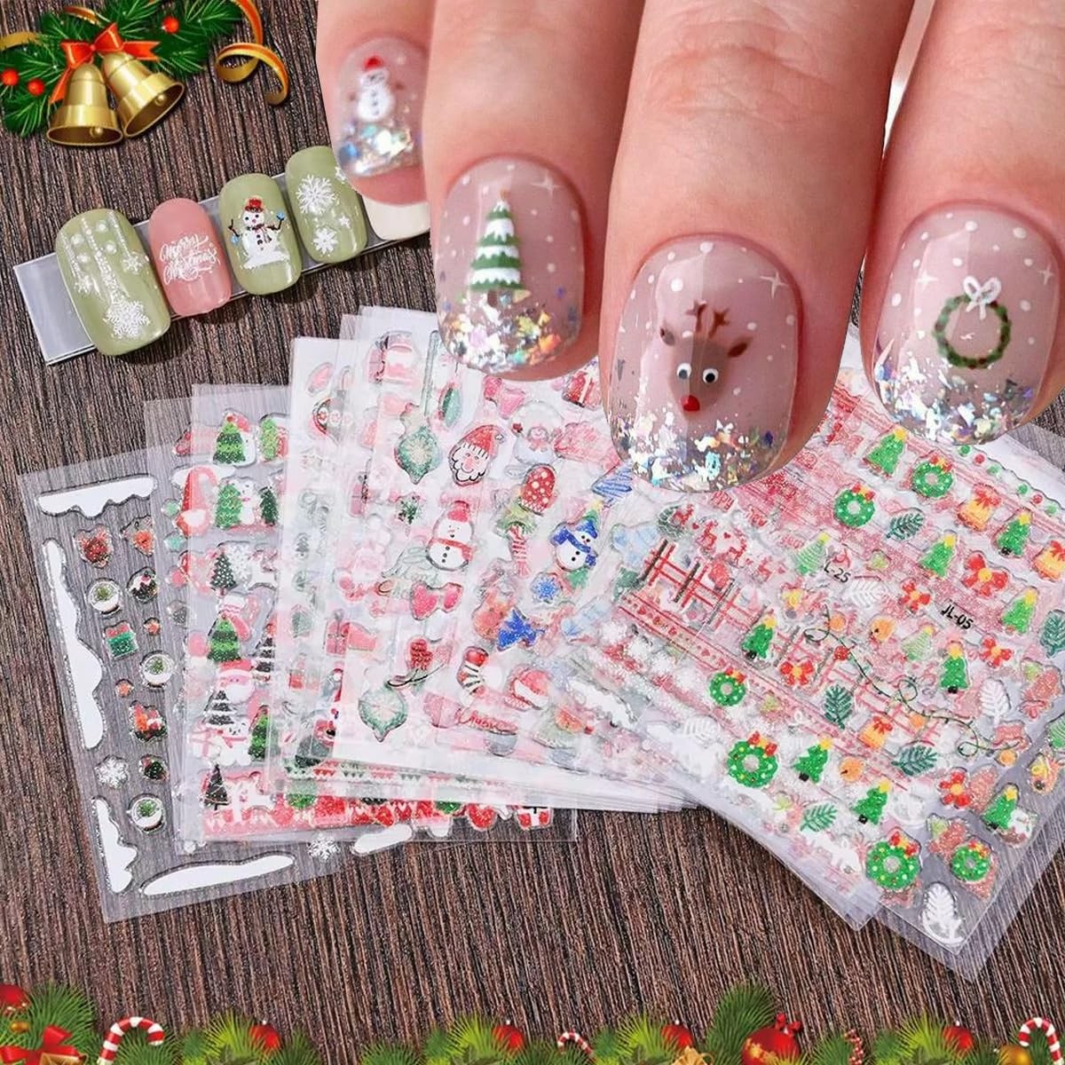 Glitter Christmas Nail Art Stickers for Set 3D Self- Adhesive Nail Supplies S…
