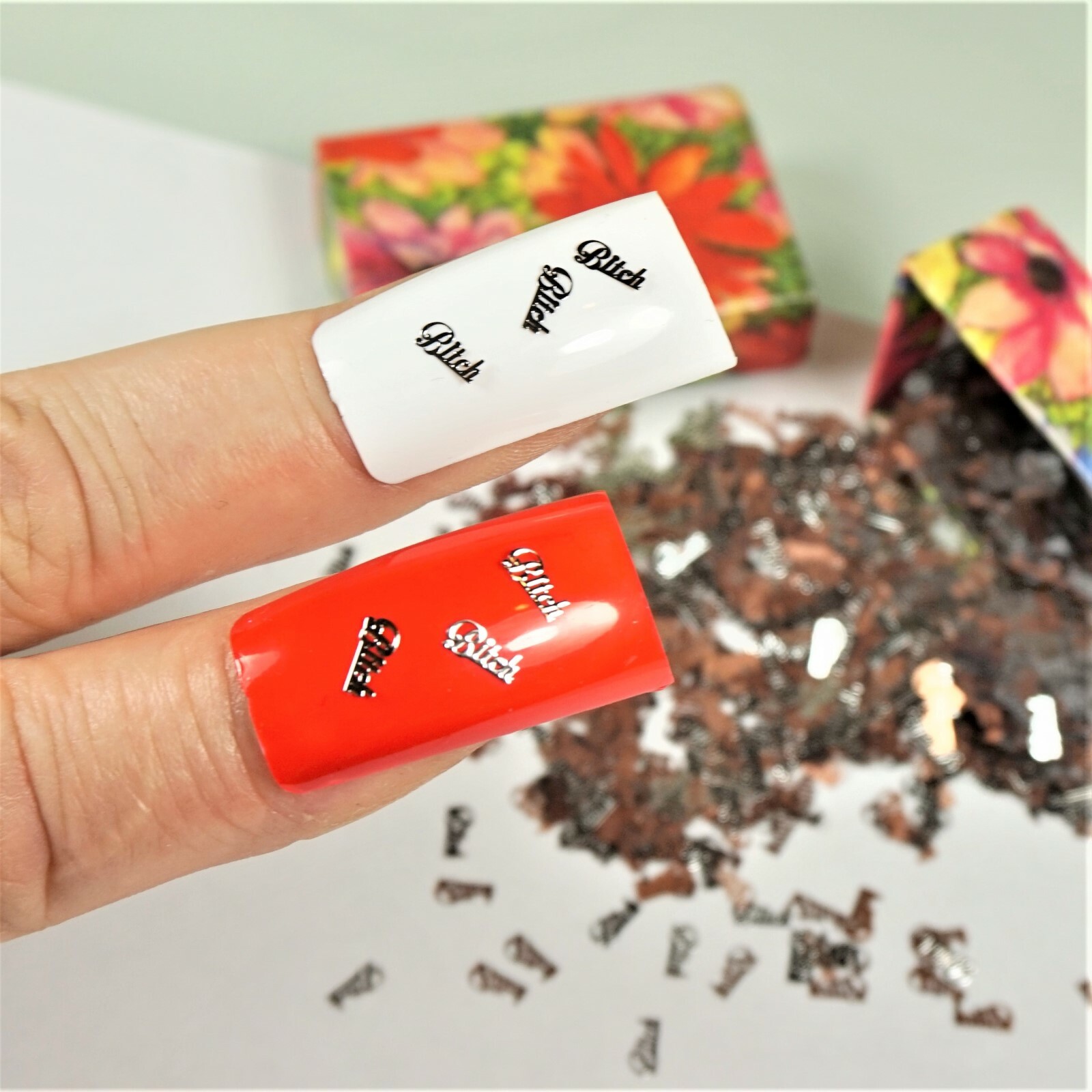 25 BITCH SILVER METAL CHARMS 3D NAIL ART SMALL GIFT IN BOX FOR WOMEN