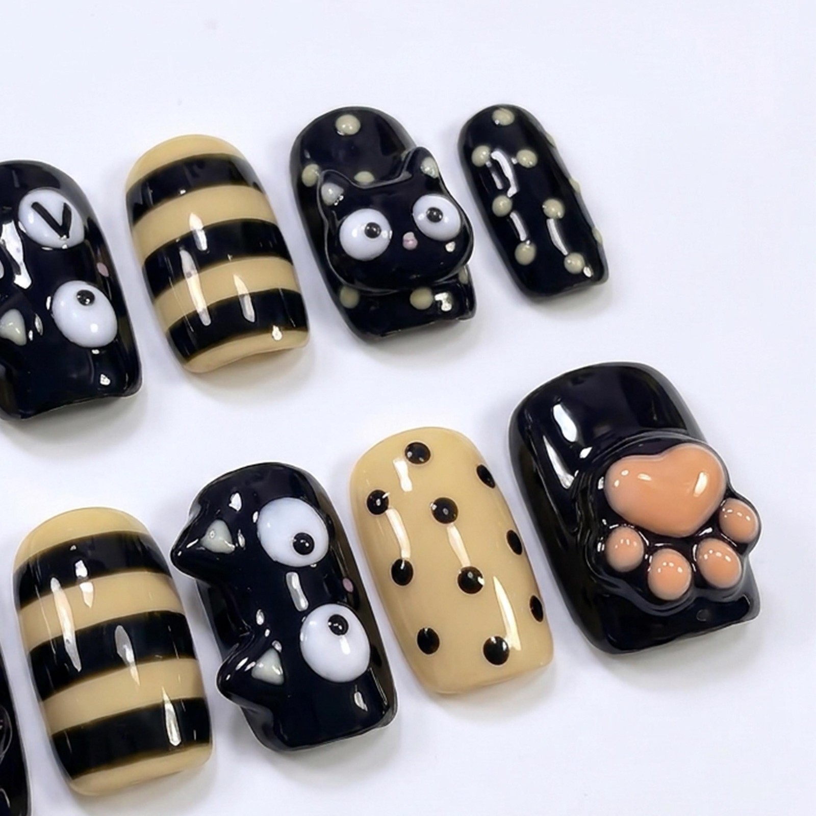 Handmade Custom 3D Black Cat Paw Polka Dot Stripe Square Press on Nails