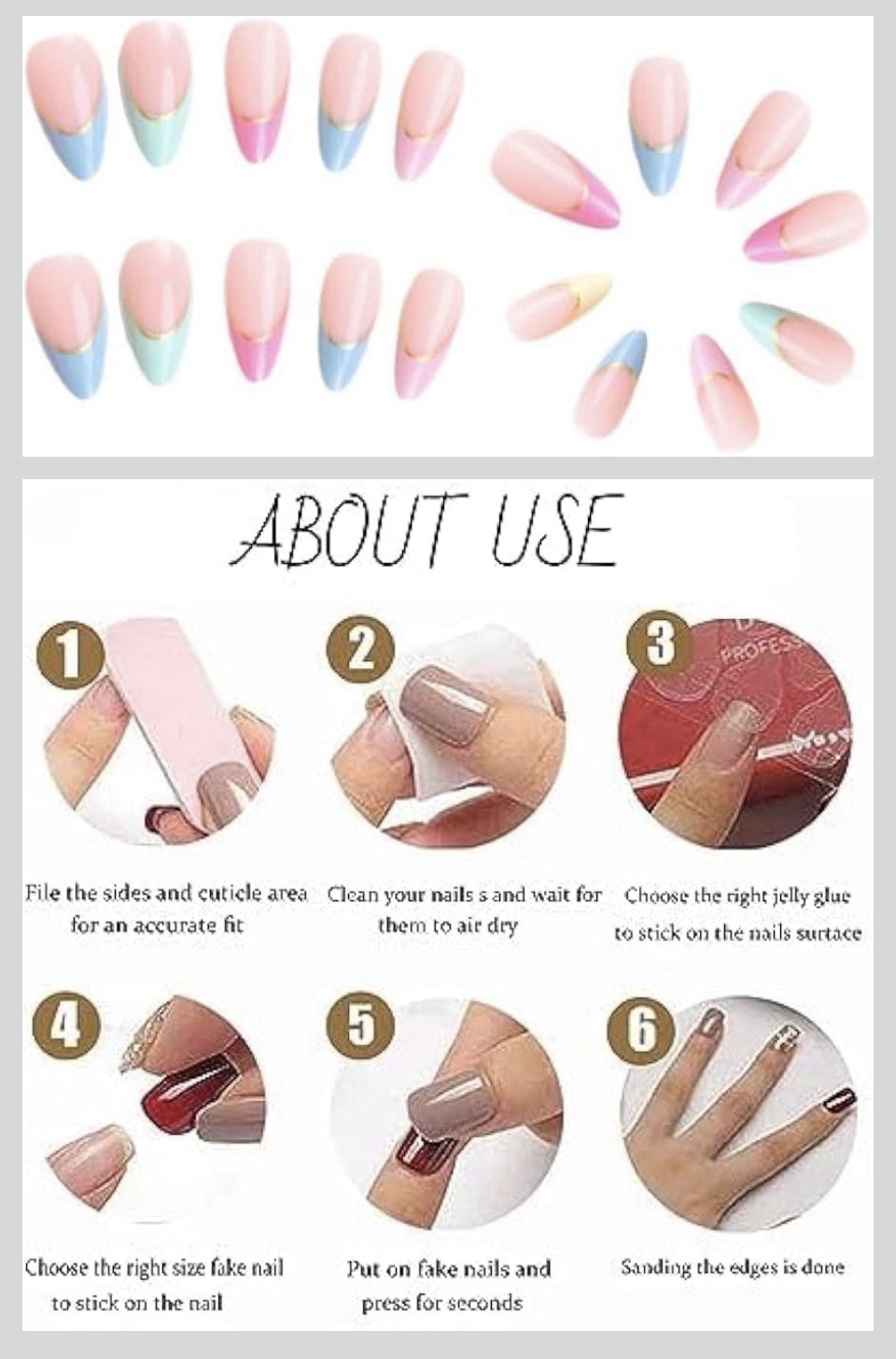24 Press-On Nail Kit | Neon French Tips Pink, Yellow, Blue, Orange Coffin Nails