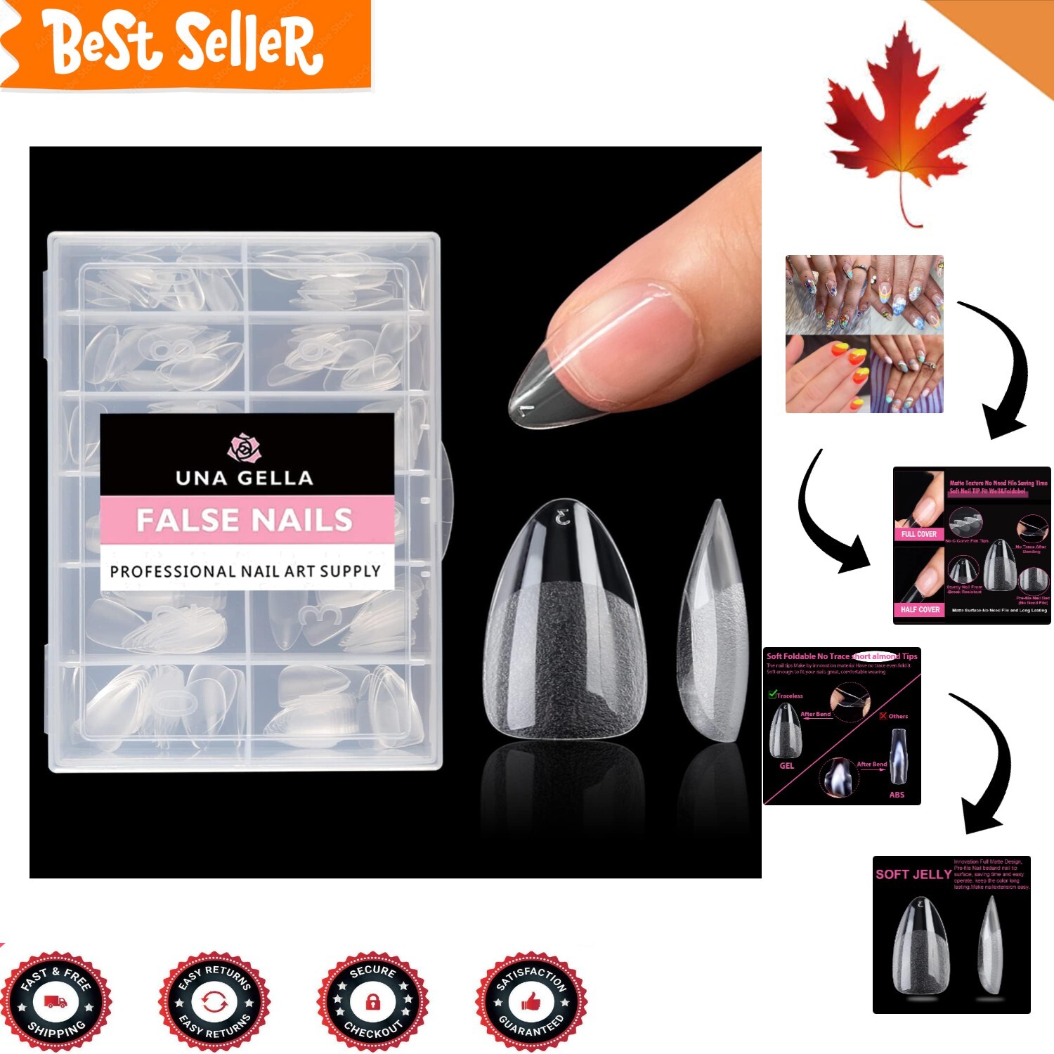 Clear Short Almond Nail Tips – 216pcs – Easy to Apply – No Trace – Long Lasting
