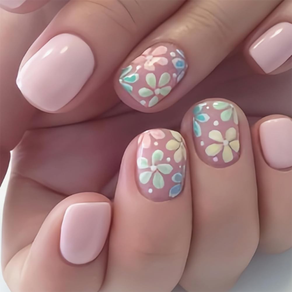 Colorful Flower Press On Nails Short square Light Pink Acrylic, Full Cover Gl…