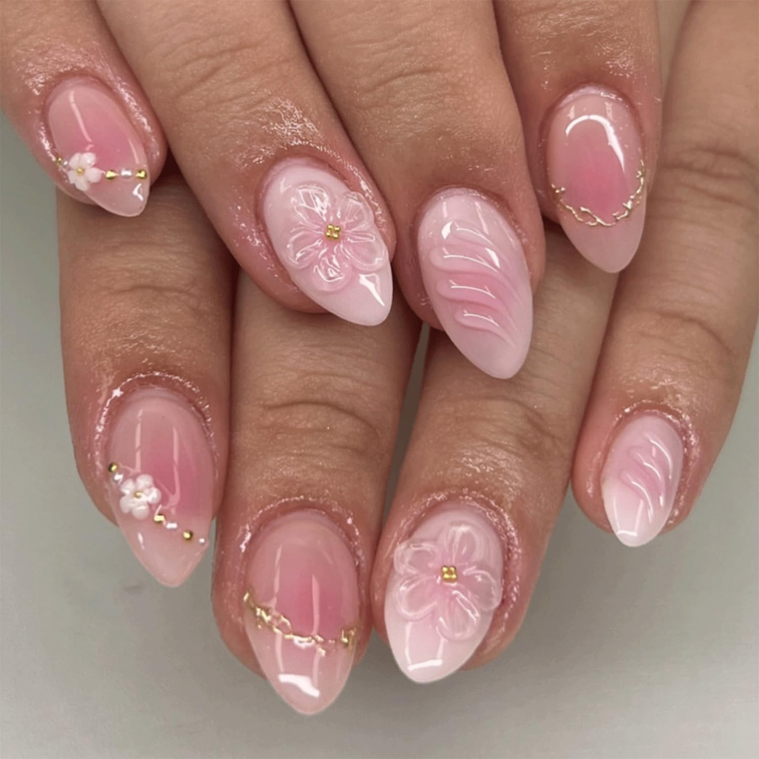 3D Flower Press on Nails Short Almond Fake Nails Pink Spring Nails Press Ons wit