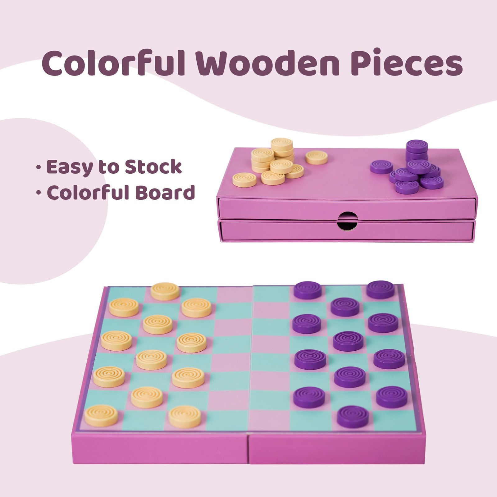 YOBRO Colorful Checkers Board Game, Portable Large, Purple,green,pink,beige