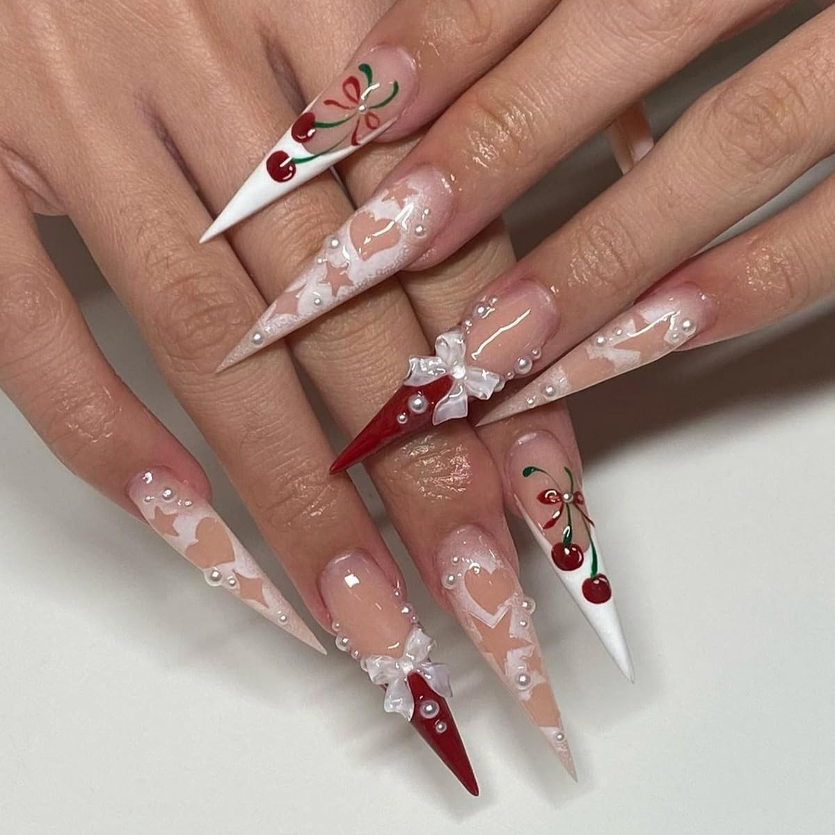 Acrylic False French Tip Nails with 3D Bow Cherry Design – 24 Pcs Set
