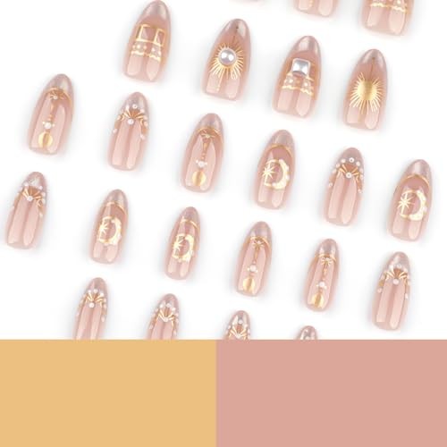 Silver Glitter French Press On Nails 24pcs, Nude Almond 40-Sun Moon and Stars